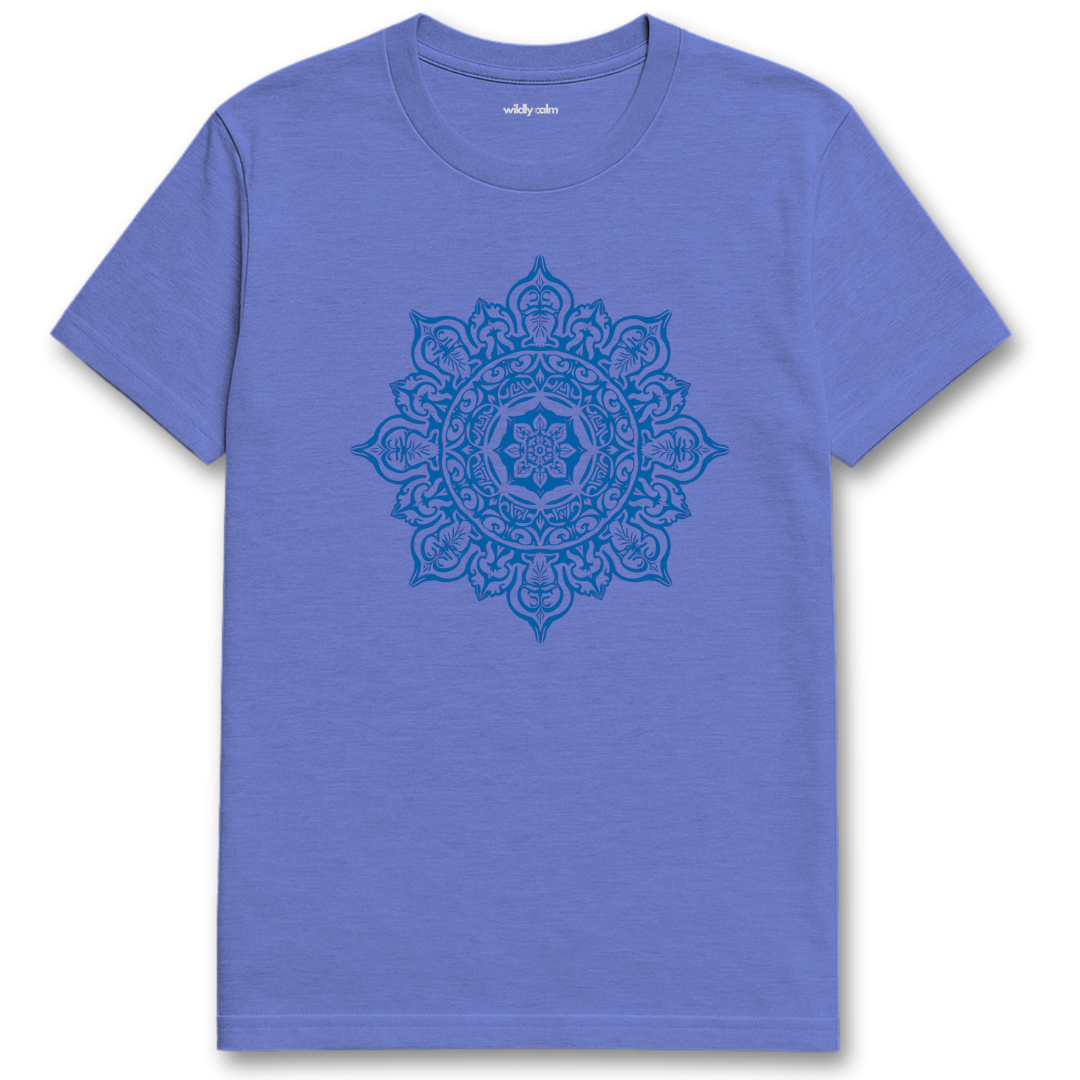 Mystic Mandala_Heather Royal yoga t-shirt with a blue mandala design on a white background