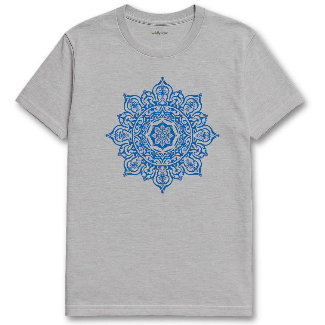 Mystic Mandala_Sports Grey yoga t-shirt with a blue mandala design on a white background