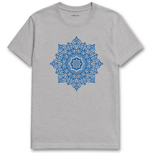 Mystic Mandala_Sports Grey yoga t-shirt with a blue mandala design on a white background
