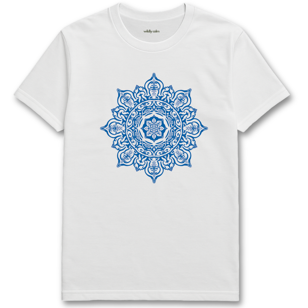 Mystic Mandala_white yoga t-shirt with a blue mandala design on a white background