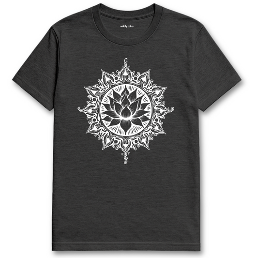 Mythical Lotus_Heather Dark Grey t-shirt with white mandala design for yoga- Wildly calm