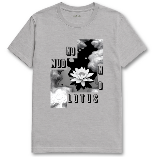 Mythical Lotus_Sports Grey t-shirt with black and white lotus flower graphic and text on a white background - wildly calm