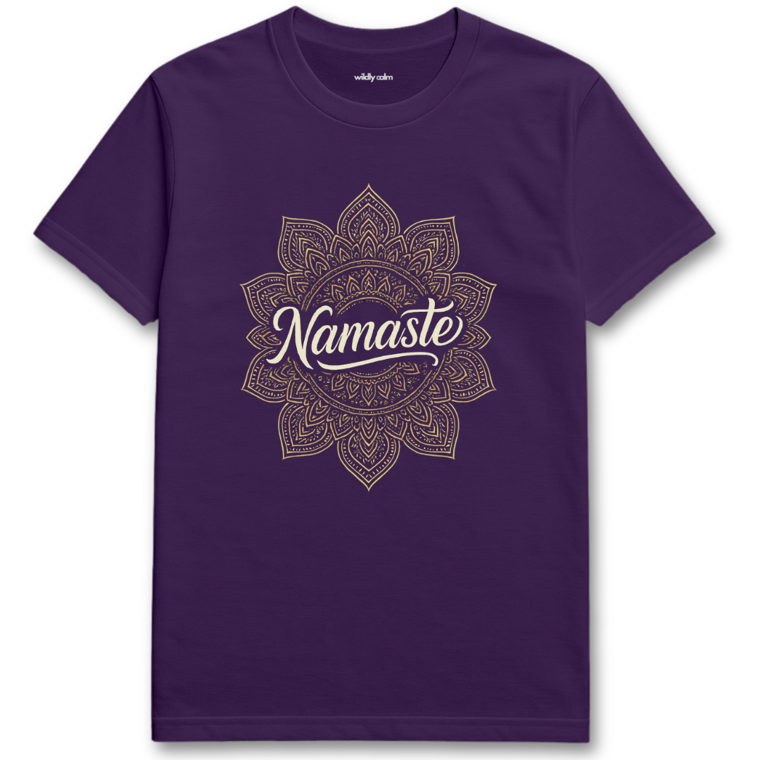 Namaste Mandala Purple yoga t-shirt with 'Namaste' design on a white background