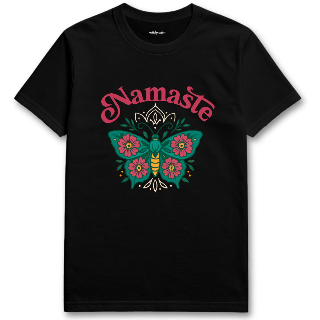 Namaste Black yoga t-shirt with 'Namaste' and butterfly design - wildly calm