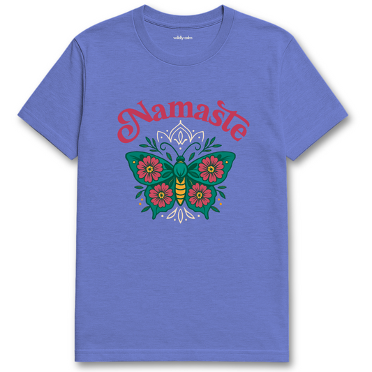 Namaste_Heather Royal yoga t-shirt with a butterfly graphic and 'Namaste' text - wildly calm