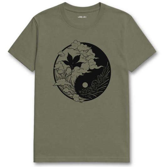Nature Balance_heather military green t-shirt with black and white design yin yang on a white background for yoga