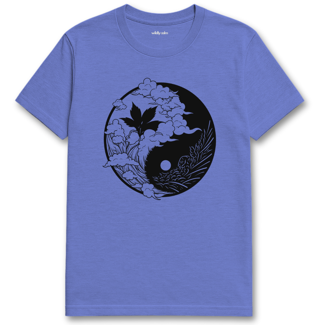 Nature Balance_heather Royal blue t-shirt with black and white design yin yang on a white background for yoga