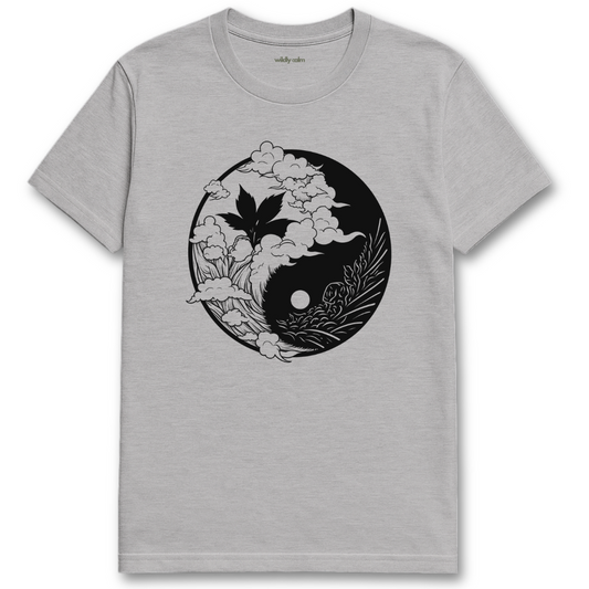 Nature Balance_Sports Grey t-shirt with black and white design yin yang on a white background for yoga