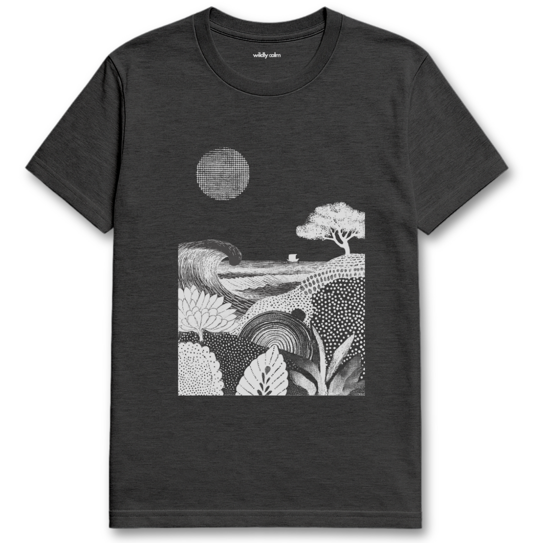Nature Collage_Dark Heather Grey yoga t-shirt with a white landscape design - wildly calm