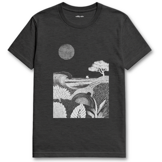Nature Collage_Dark Heather Grey yoga t-shirt with a white landscape design - wildly calm