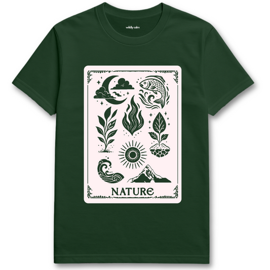 Nature Collective_forst green yoga t-shirt with nature-themed design - wildly calm