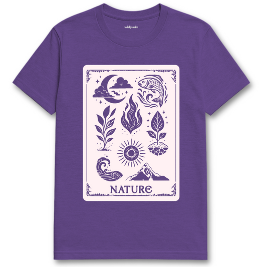 Nature Collective_Heather Purple yoga t-shirt with nature-themed design - wildly calm