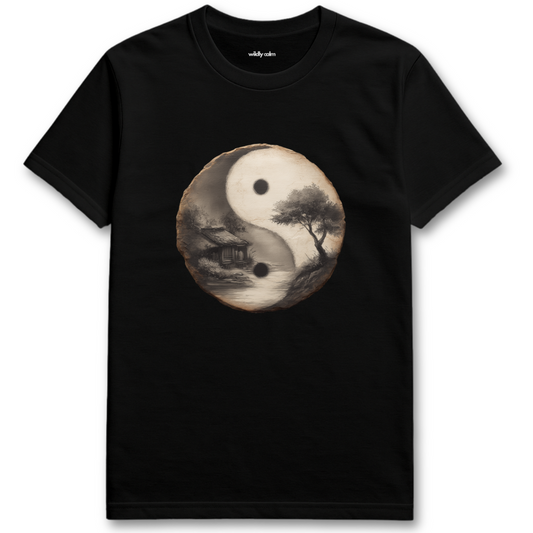Nature Yin-Yang Symbol Black t-shirt with a yin yang design featuring a tree and mountain on a white background for yoga
