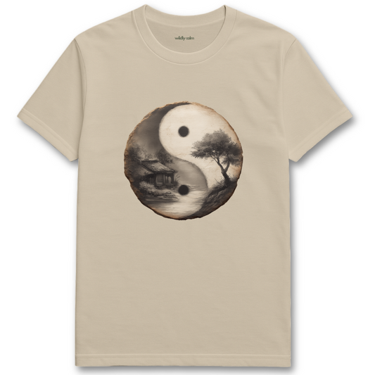 Nature Yin-Yang Symbol Sand t-shirt with a yin yang design featuring a tree and mountain on a white background for yoga