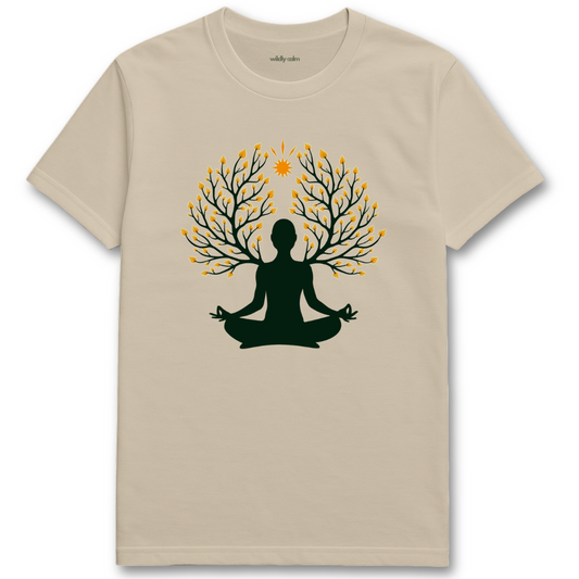 Nature's Serenity_sand/beige t-shirt with a black silhouette of a person meditating under a tree with yellow leaves - wildly calm