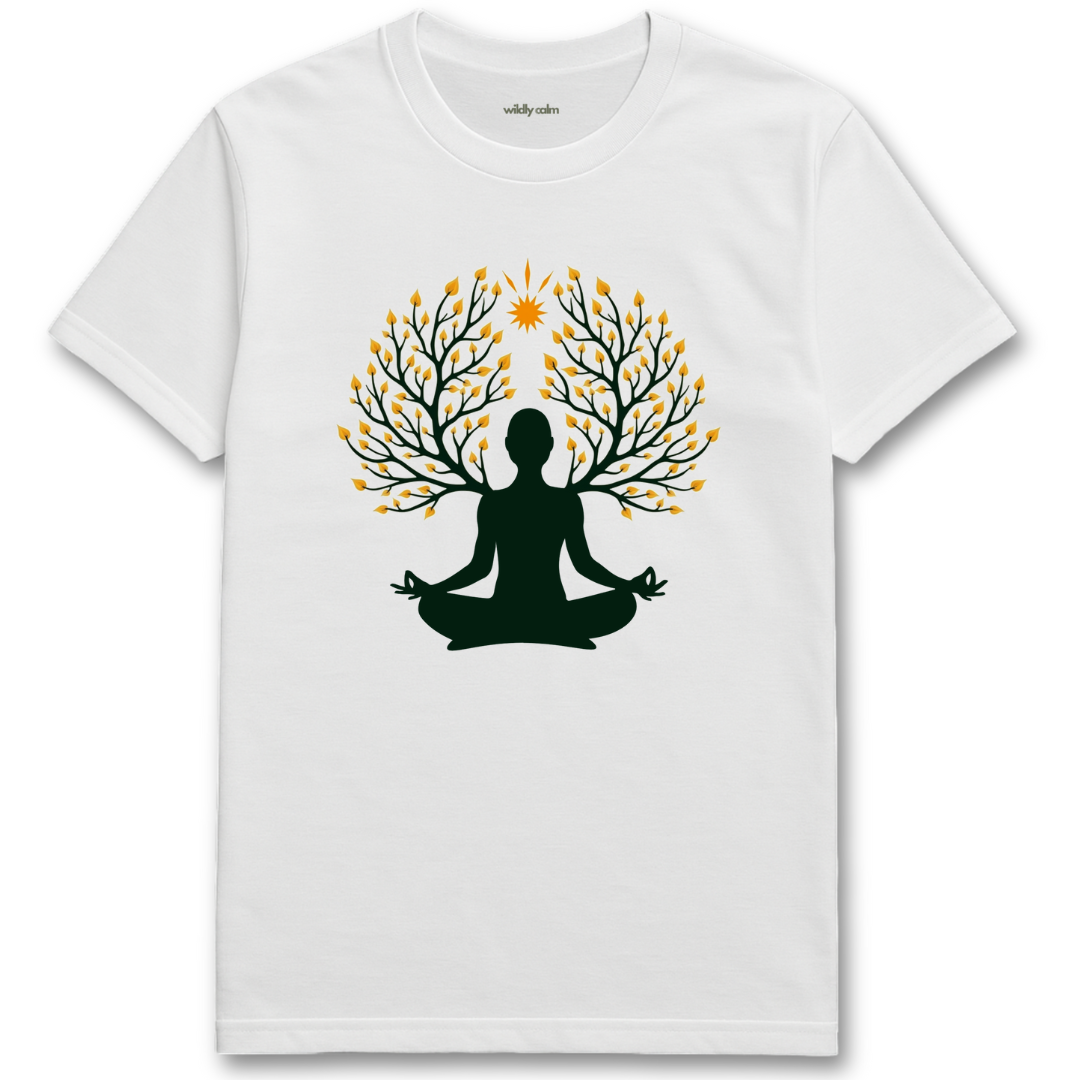 Nature's Serenity_White t-shirt with a black silhouette of a person meditating under a tree with yellow leaves wildly calm