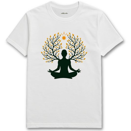 Nature's Serenity_White t-shirt with a black silhouette of a person meditating under a tree with yellow leaves wildly calm
