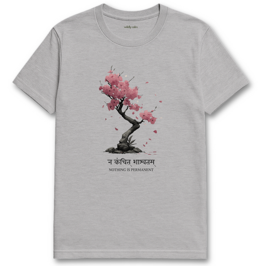Nothing Is Permanent_Sports Grey yoga t-shirt with cherry blossom design and text - wildly calm