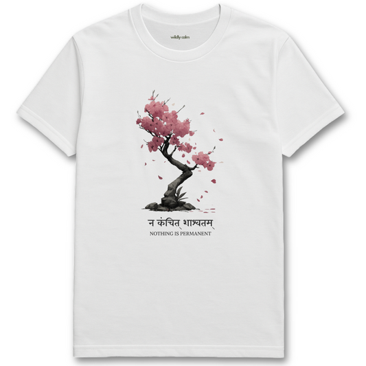 Nothing Is Permanent_white yoga t-shirt with cherry blossom design and text - wildly calm