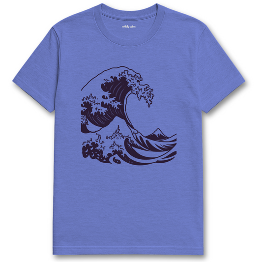 Ocean Wave_Heather Royal Blue t-shirt with a black wave design - wildly calm