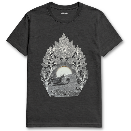 Ocean's Embrace_Heather Dark Grey yoga t-shirt with white nature-themed design - wildly calm
