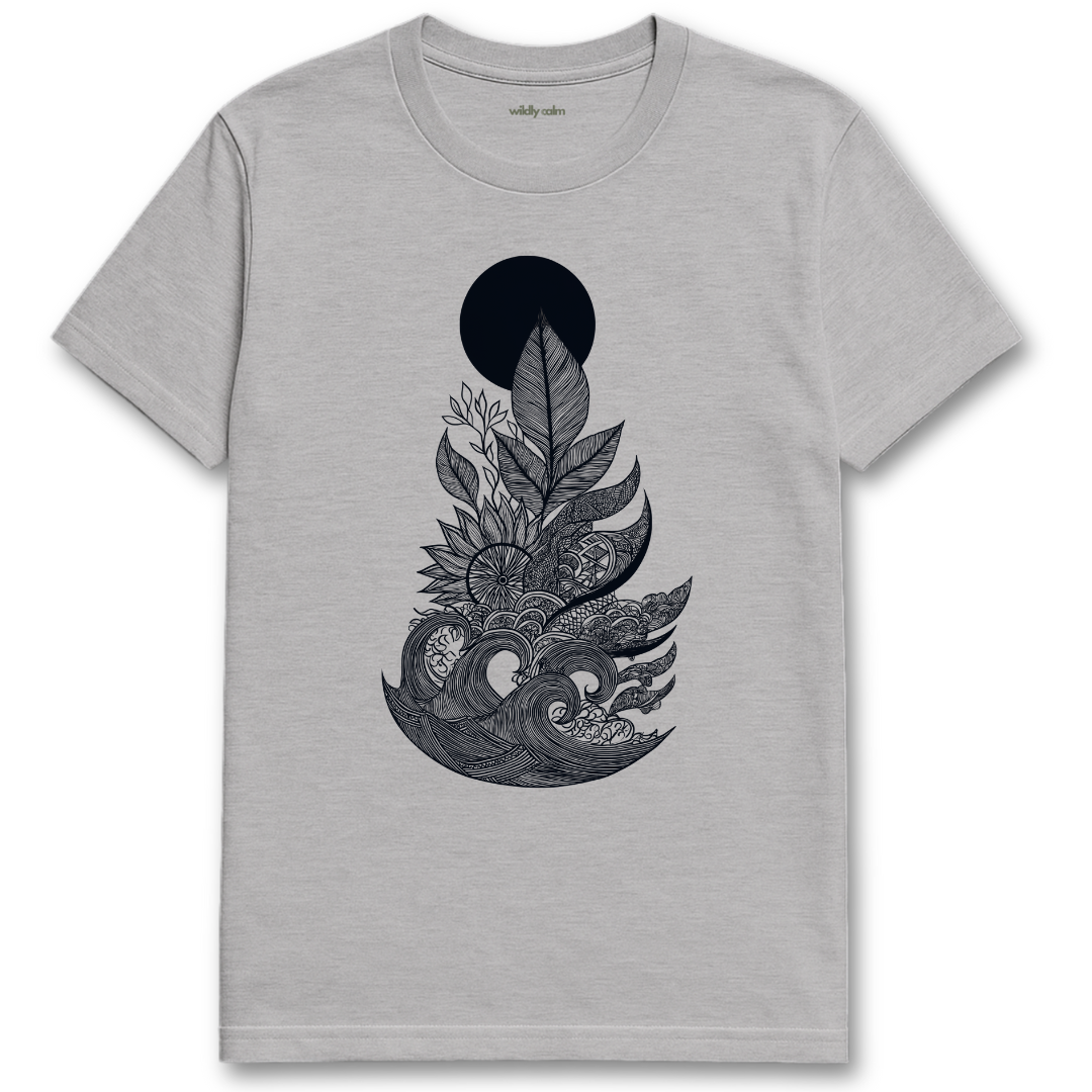 Ocean of Petals_Sports Gray t-shirt with black floral and leaf design - wildly calm