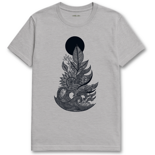Ocean of Petals_Sports Gray t-shirt with black floral and leaf design - wildly calm