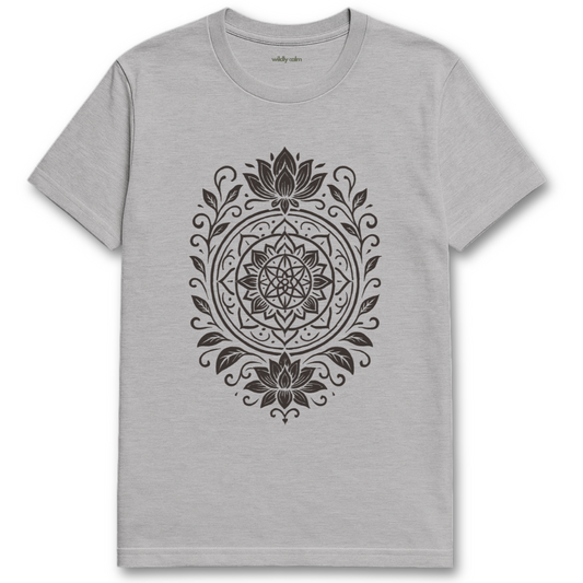 Wildly Calm_Petal_Leaf Harmony Mandala_Sports Grey yoga t-shirt with black mandala design on a white background