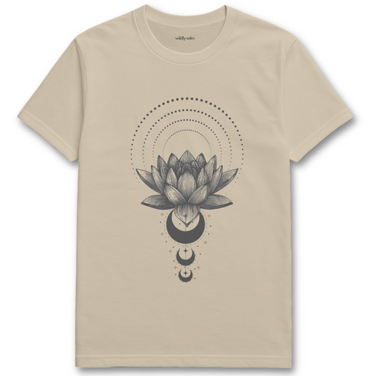 Petals of Peace_Sand/ Beige t-shirt with a black lotus flower design for Yoga - Wildly Calm