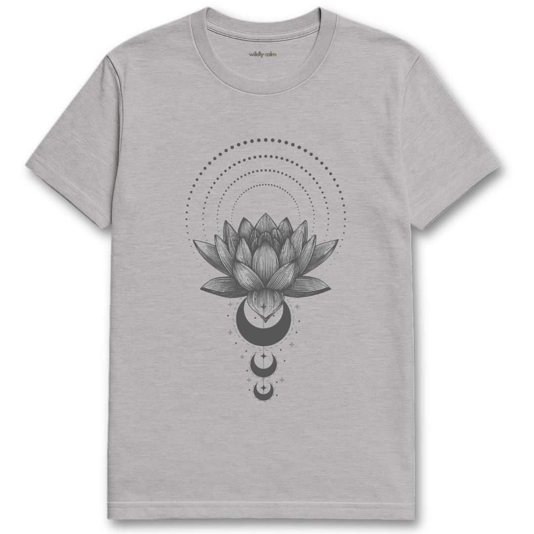 Petals of Peace_Sports Greyt-shirt with a black lotus flower design for Yoga - Wildly Calm