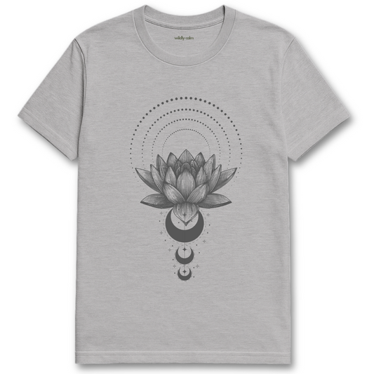 Petals of Peace_Sports Greyt-shirt with a black lotus flower design for Yoga - Wildly Calm