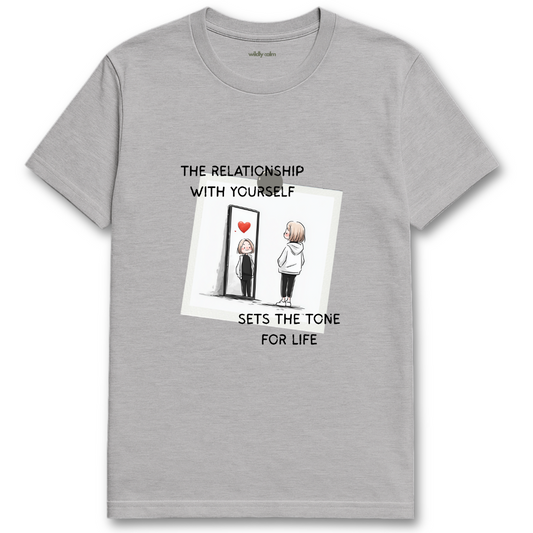 Positive Self Relation sports grey yoga t-shirt with a graphic and 'the relation with yourself sets the tone for life' text - wildly calm