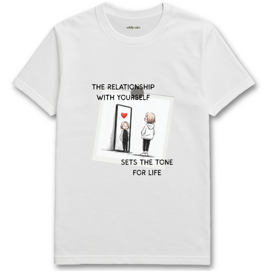 Positive Self Relation White yoga t-shirt with a graphic and 'the relation with yourself sets the tone for life' text - wildly calm