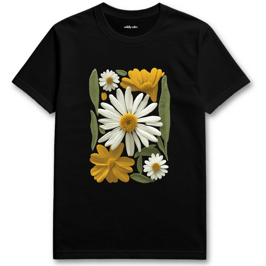 Pretty Flowers Black yoga t-shirt with yellow and white floral design - wildly calm