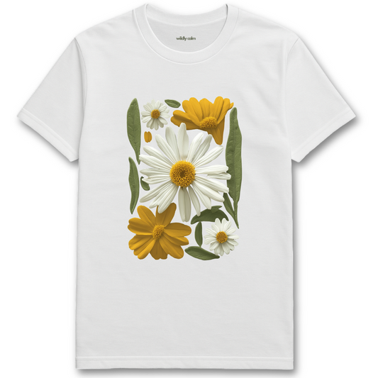 Pretty Flowers White yoga t-shirt with yellow and white floral design - wildly calm