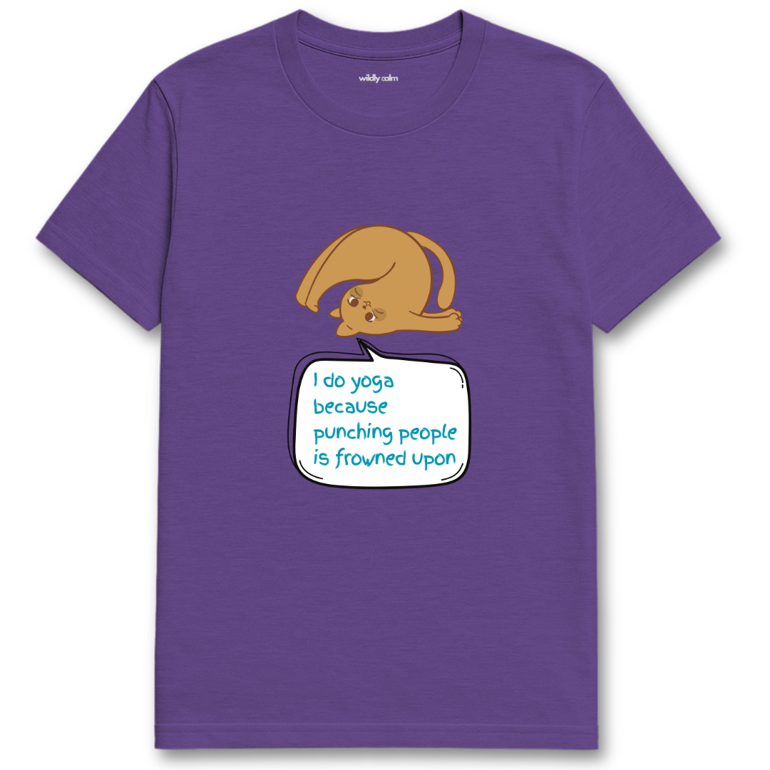 Wildly Calm_Punching People Yoga Humor_Heather Purple t-shirt with a graphic of a character and text on a white background