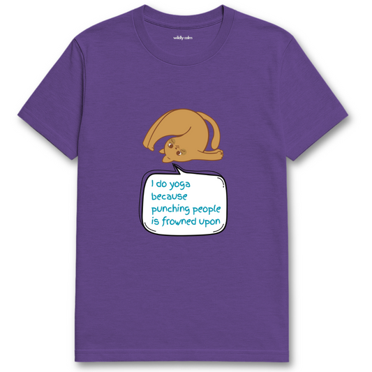 Wildly Calm_Punching People Yoga Humor_Heather Purple t-shirt with a graphic of a character and text on a white background