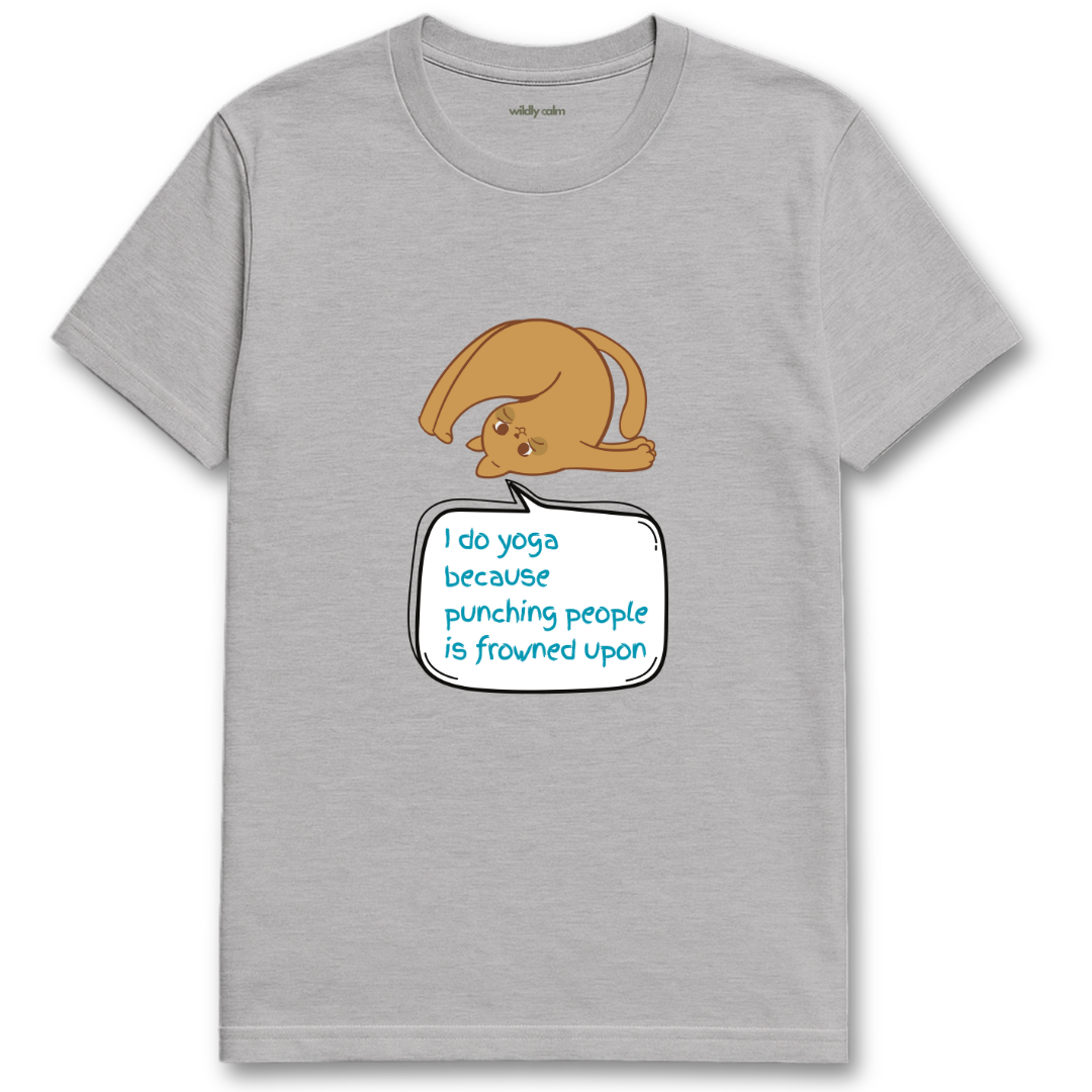 Wildly Calm_Punching People Yoga Humor_sports grey t-shirt with a graphic of a character and text on a white background