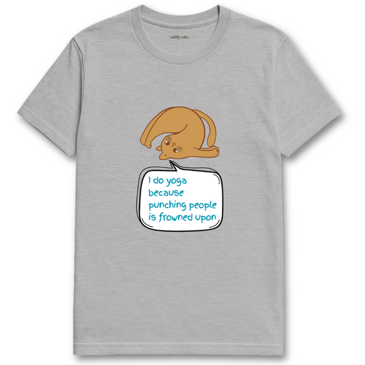 Wildly Calm_Punching People Yoga Humor_sports grey t-shirt with a graphic of a character and text on a white background