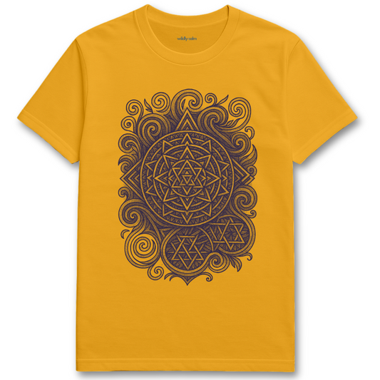Wildly Calm_Quantum Harmony Mandala Gold yoga t-shirt with a blue geometric design on a white background