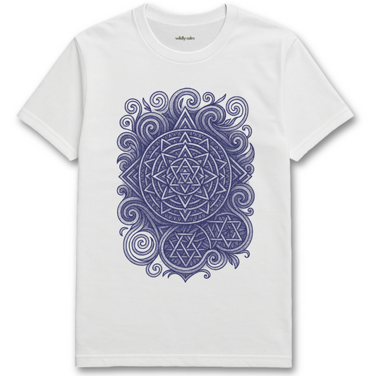 Wildly Calm_Quantum Harmony Mandala White yoga t-shirt with a blue geometric design on a white background