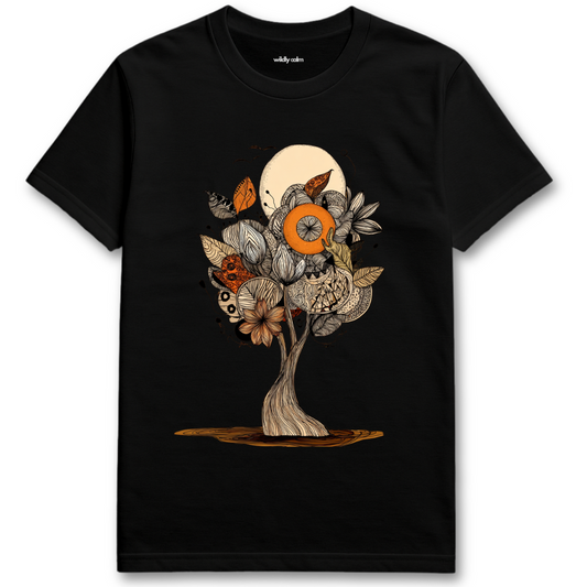 Black Rebel Tree t-shirt with a tree, Floral and butterfly design For Yoga - Wildly calm