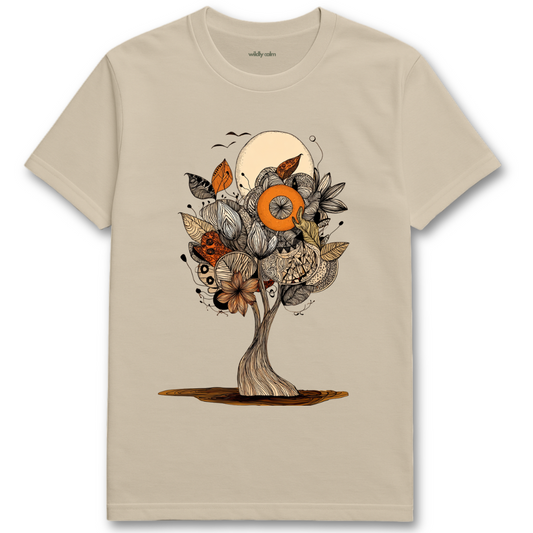 Sand/ Beige Rebel Tree t-shirt with a tree, Floral and butterfly design For Yoga - Wildly calm