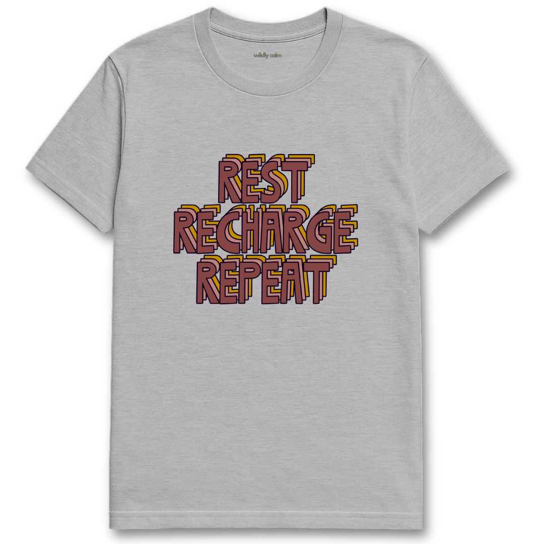 sports grey yoga t-shirt with 'REST RECHARGE REPEAT' text in colorful letters - wildly calm