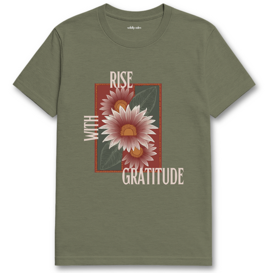 Heather military Green Yoga t-shirt with a floral design and text 'Rise with Gratitude' - wildly calm
