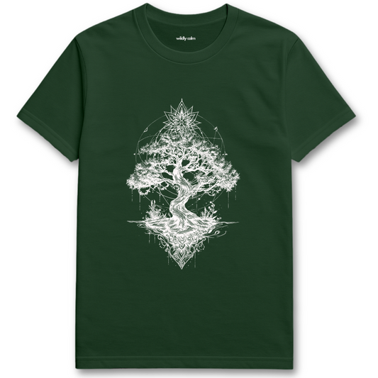 Rooted Celestia_Forest Green t-shirt with a white tree design - wildly calm