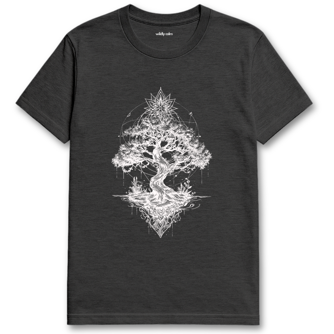 Rooted Celestia_Heather Dark Grey t-shirt with a white tree design - wildly calm