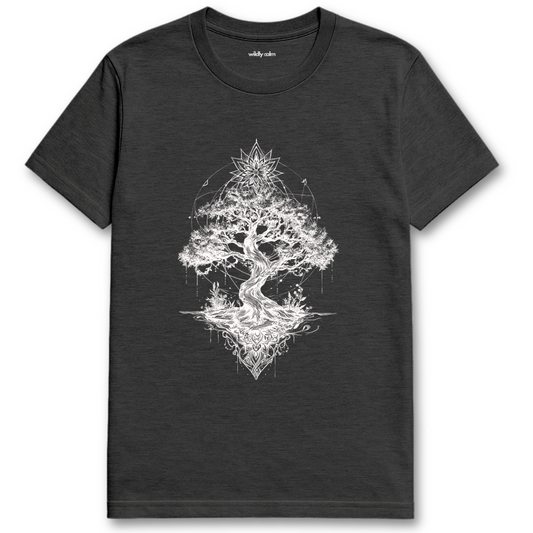 Rooted Celestia_Heather Dark Grey t-shirt with a white tree design - wildly calm