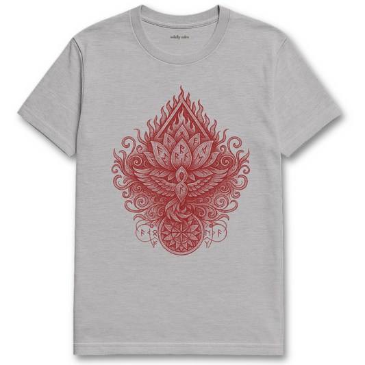 Sports Gray Rune-Flame-Lotust-shirt with a red intricate design on a white background for Yoga - Wildly Calm