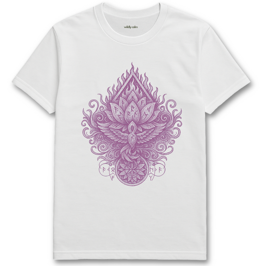 White Rune-Flame-Lotus t-shirt with a purple geometric design on a white background for Yoga - Wildly Calm